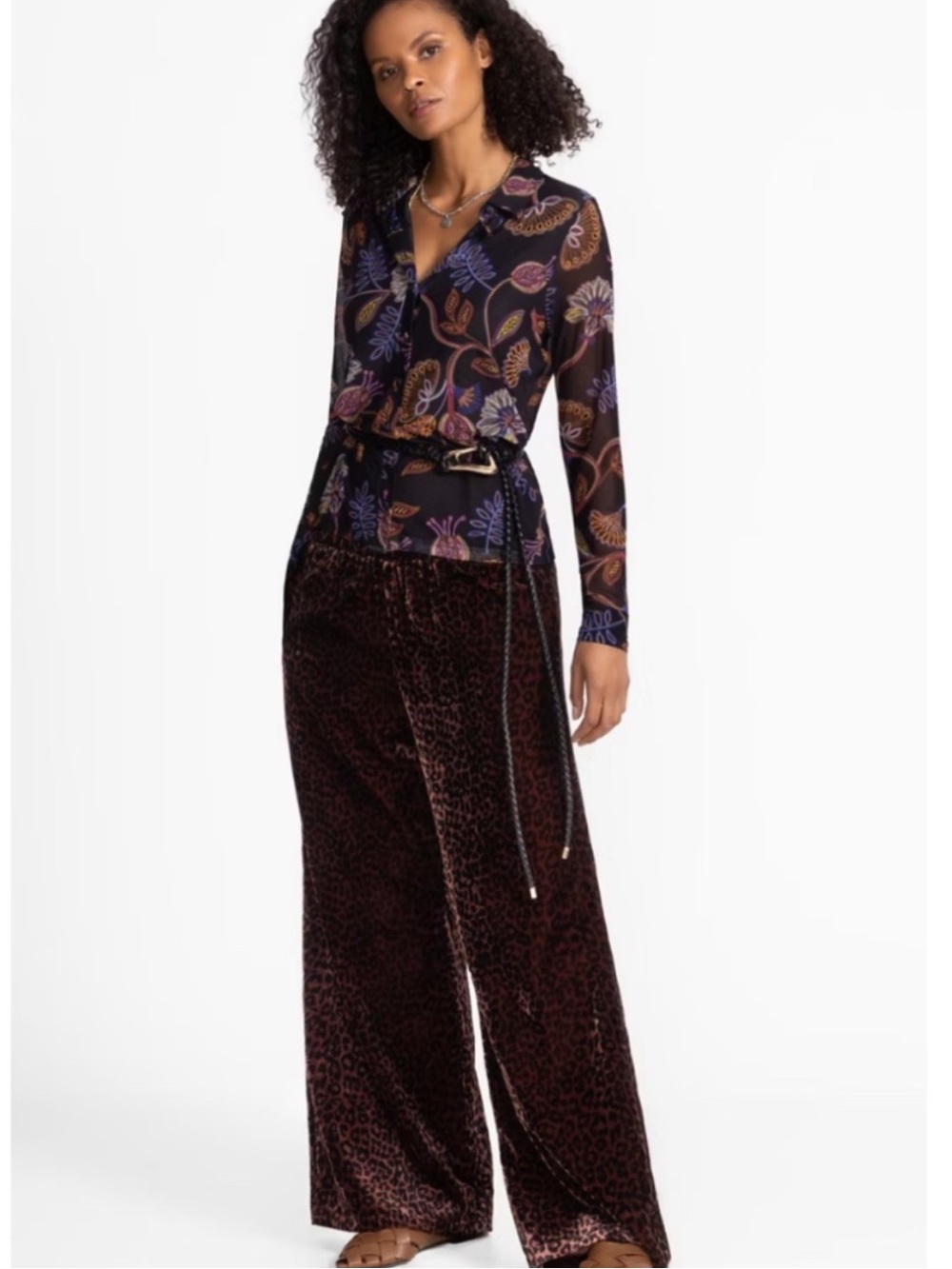 Johnny Was Wide Leg Velvet Pants in Misty Leopard Sz L